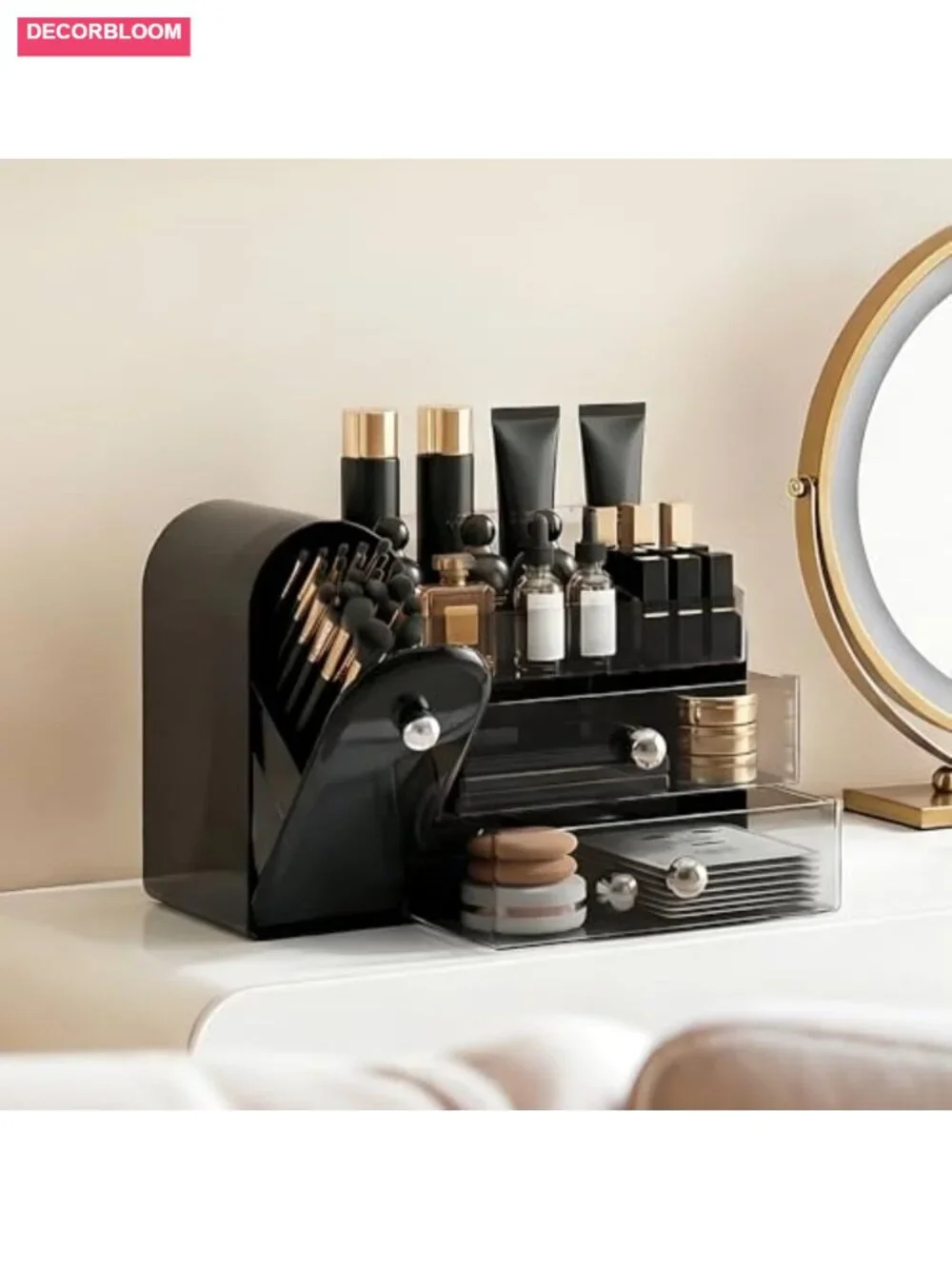 Large Makeup Organizer with Dustproof Brush Holder, 2 Clear Drawers for